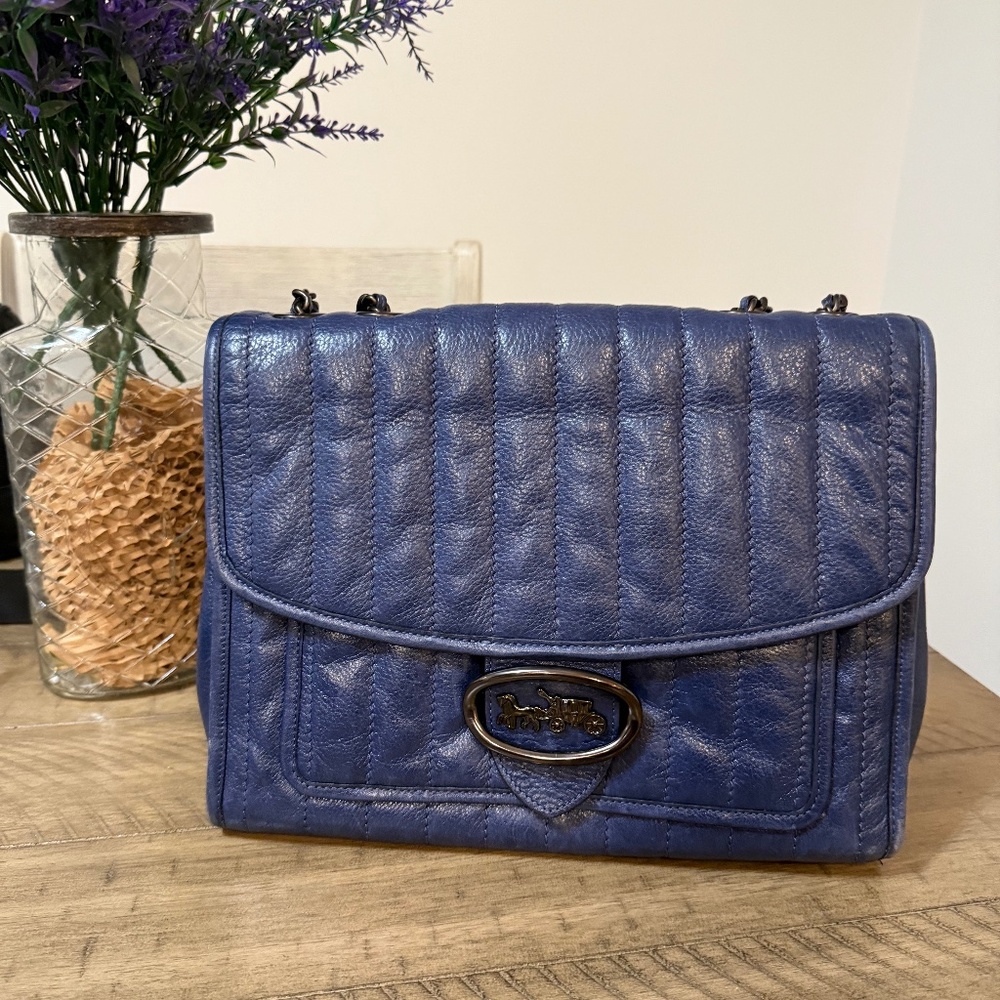 COACH Cadet Blue Leather Melody Shoulder Bag with Quilting & Chain Link Strap